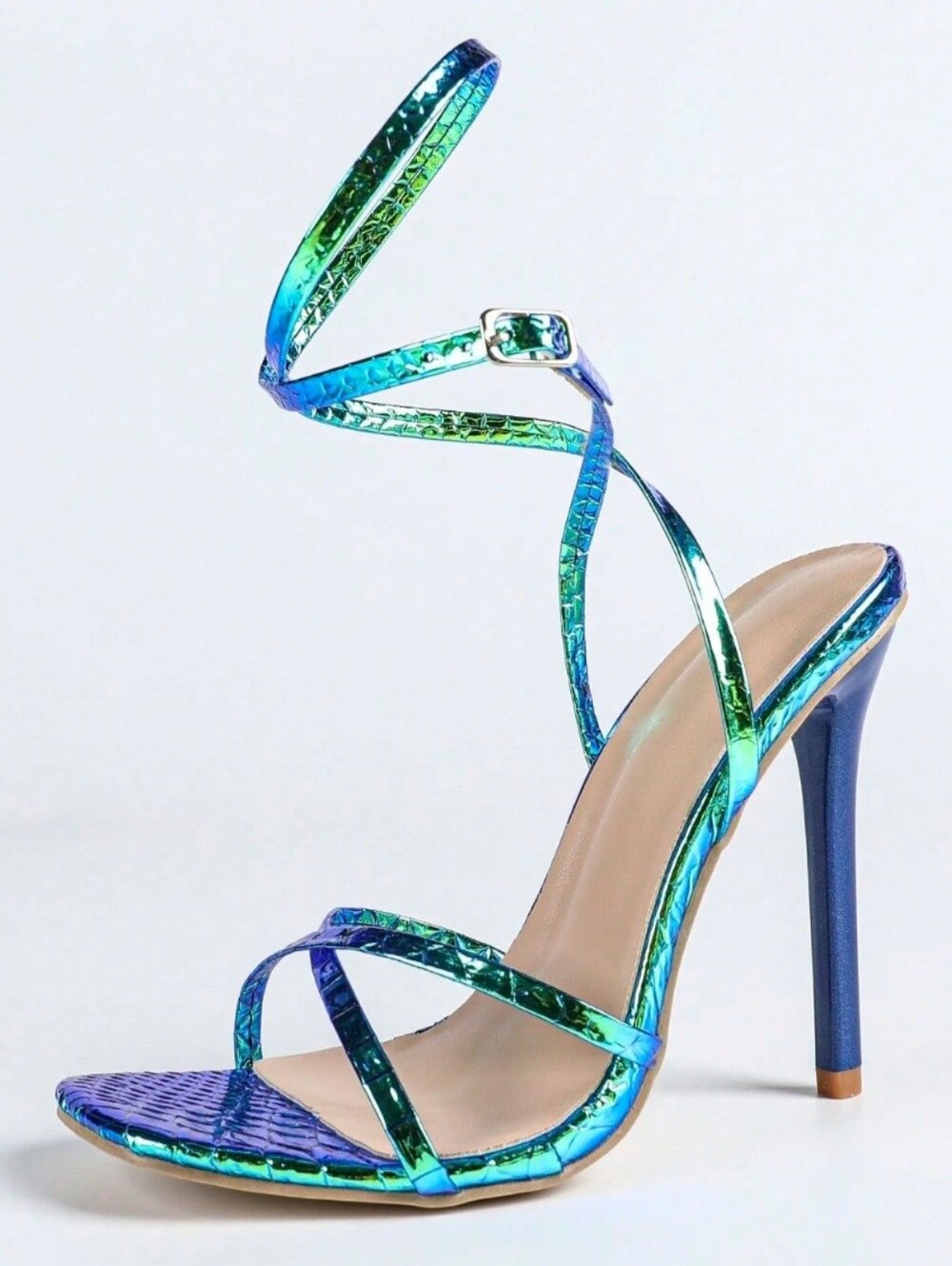 Iridescent Blue-Green Strappy High Heel Sandals - Women